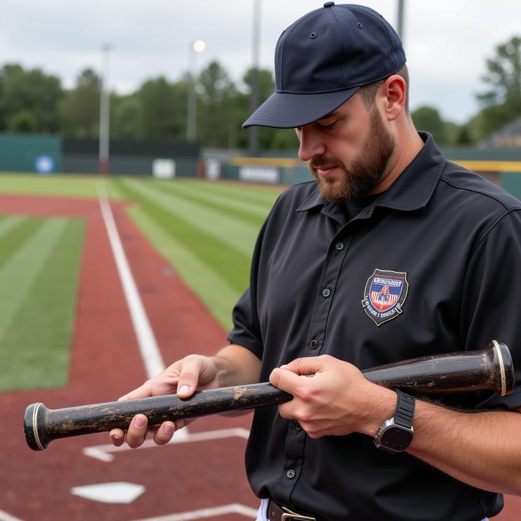 Umpire Inspecting Bat for Pine Tar