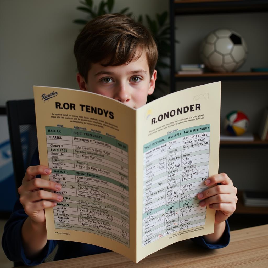 A young footballer carefully examines a schedule of upcoming ball auctions, a focused expression on his face.