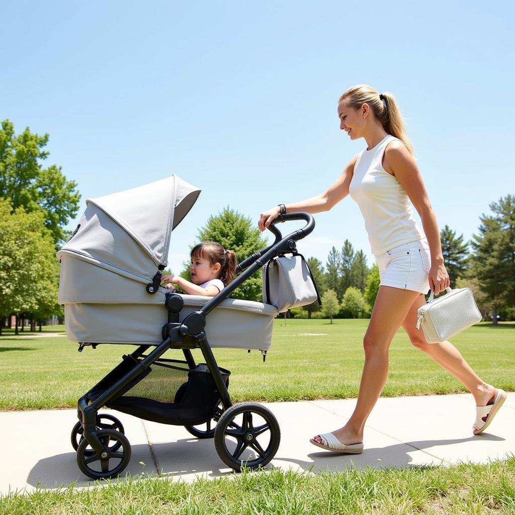 Parent pushing stroller with universal umbrella on a sunny day