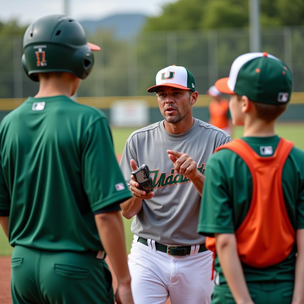 A coach providing instruction to a group of young athletes at a baseball camp