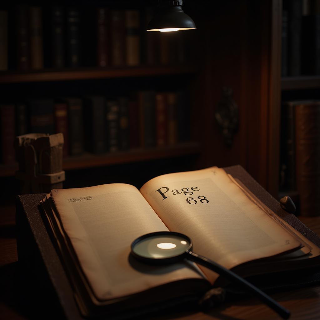 A vintage book lies open, its pages illuminated by a soft light. A magnifying glass rests on the book, highlighting the words "Page 68".