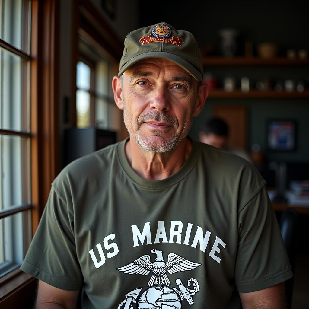 Veteran wearing a US Marine T-shirt with pride