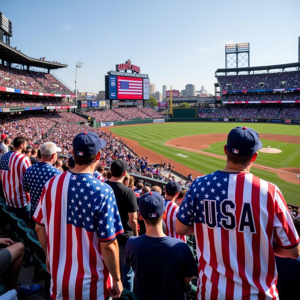 Fans wearing USA flag baseball jerseys at a game