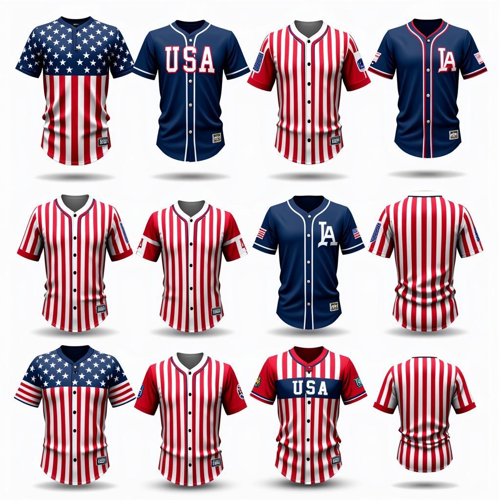 A variety of USA flag baseball jerseys in different sizes