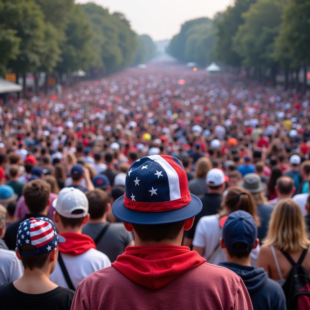 People wearing USA flag hat baseball caps at a public event.