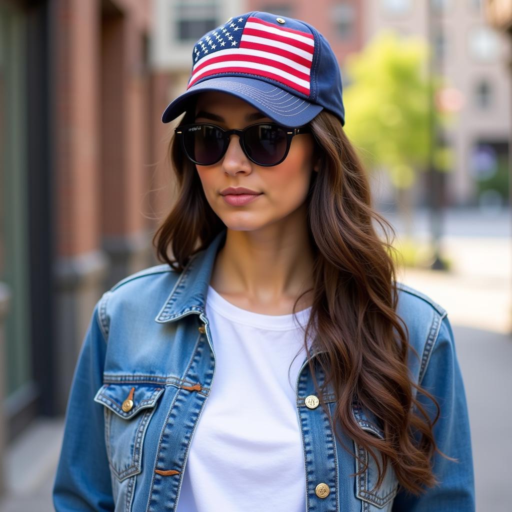 A person wearing a USA flag hat baseball cap with a stylish outfit.