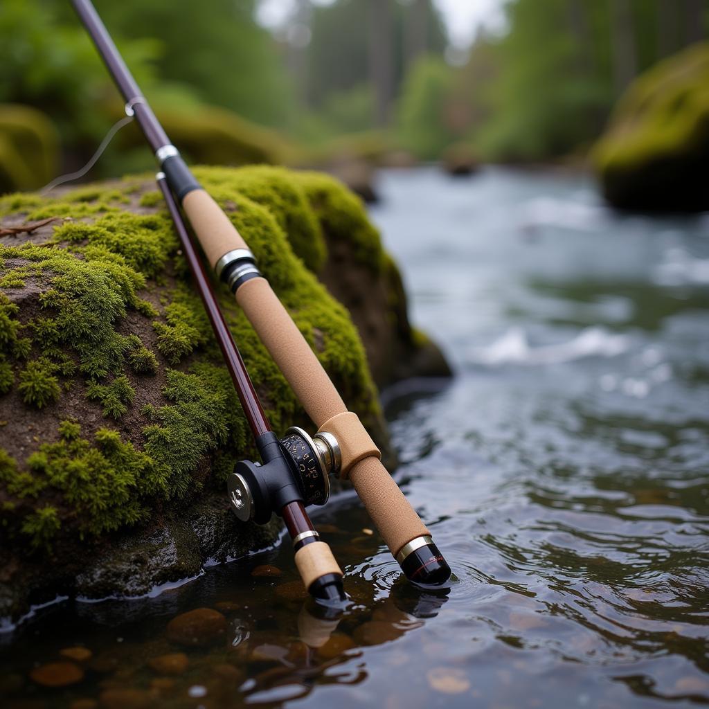 A used Winston fly rod leaning against a rock on a riverbank, ready for action