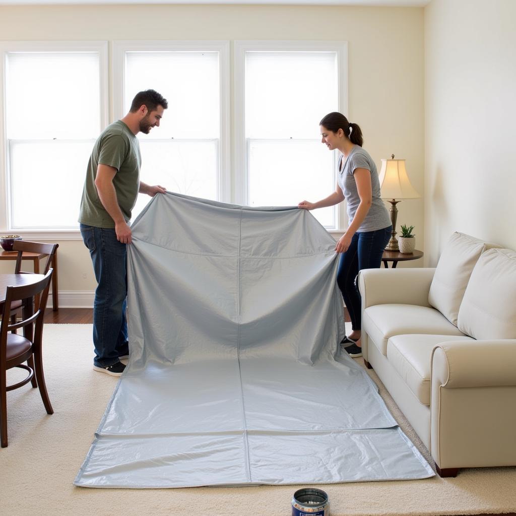 Homeowners using a 12x30 tarp to protect furniture while painting a room.