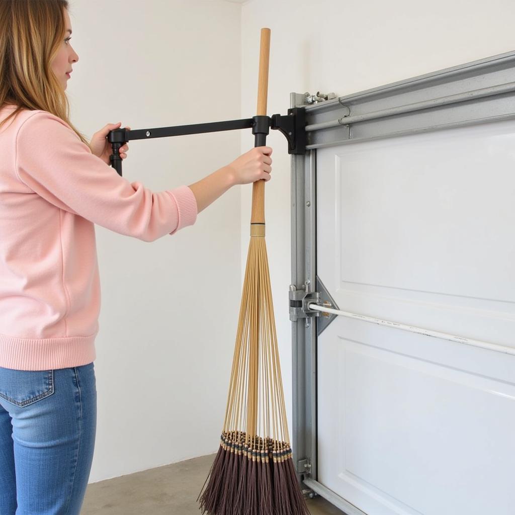 Person easily retrieving a broom from a single broom holder in a garage