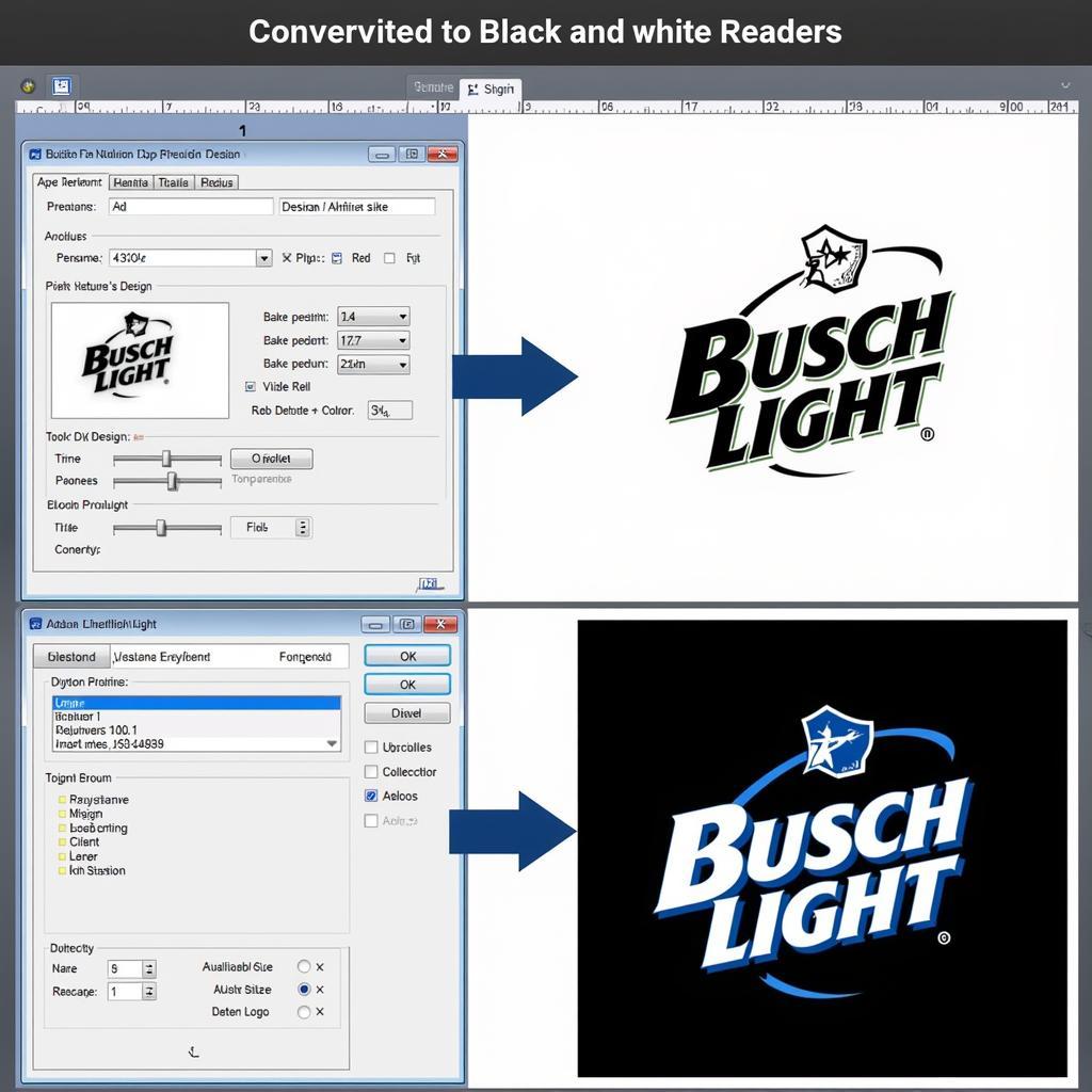 A screenshot of graphic design software used to edit the Busch Light logo into black and white.