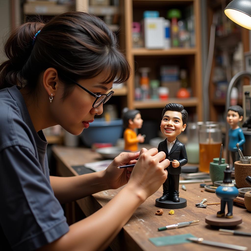 A Valenzuela bobblehead artisan meticulously painting a figurine