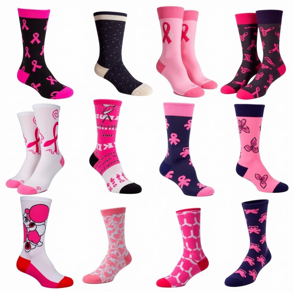 A collection of breast cancer awareness socks in different colors, patterns, and styles, showcasing the diversity available.