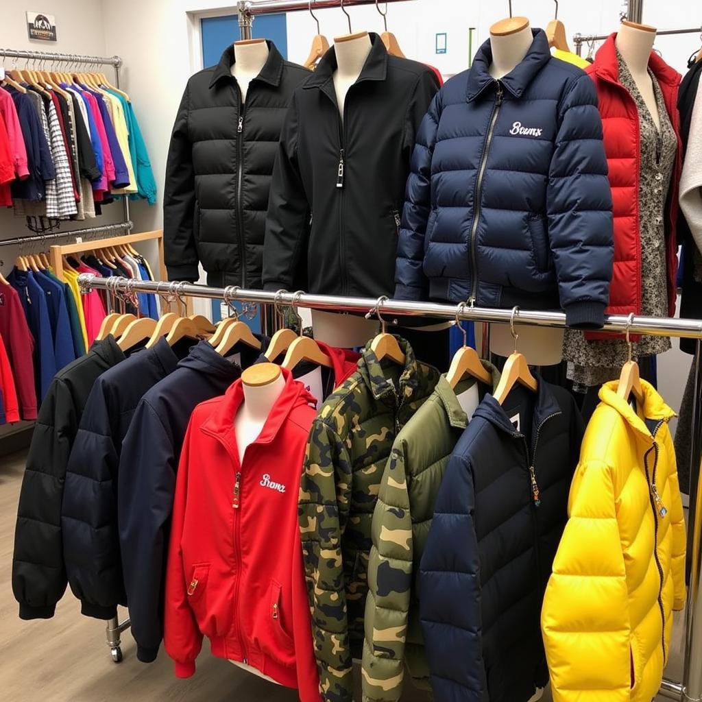 A display showcasing a variety of Bronx bubble jackets in different colors and styles