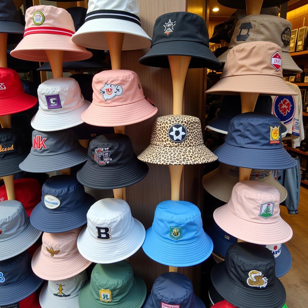 Different types of bucket hats displayed for sale