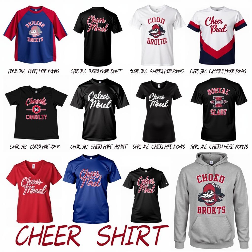 A wide array of cheer shirt designs displayed on mannequins