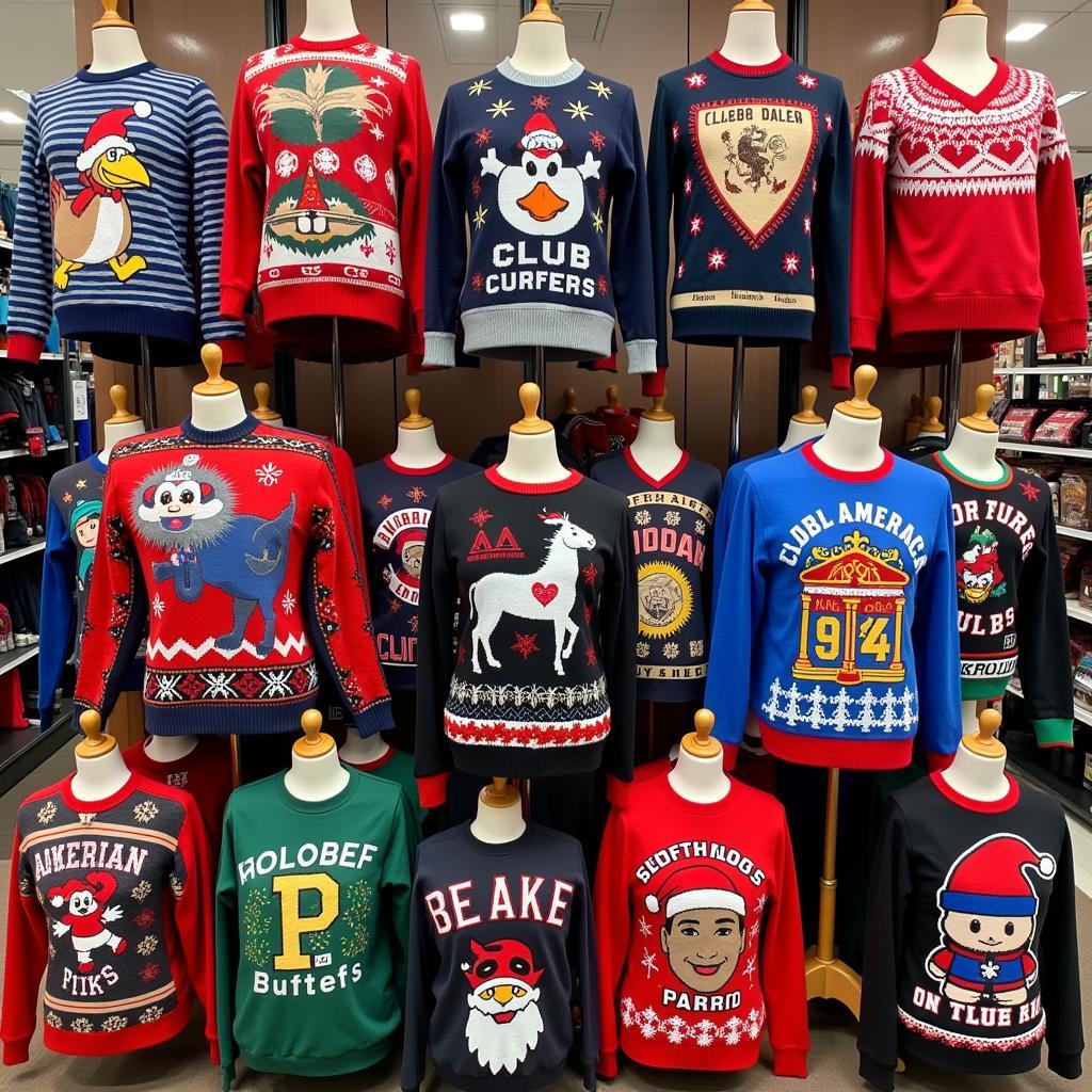 Variety of Club America Ugly Sweaters Displayed in a Store