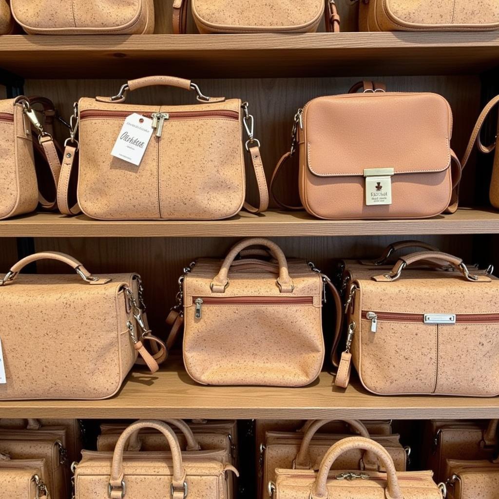 Different styles and colors of cork crossbody purses displayed on a shelf