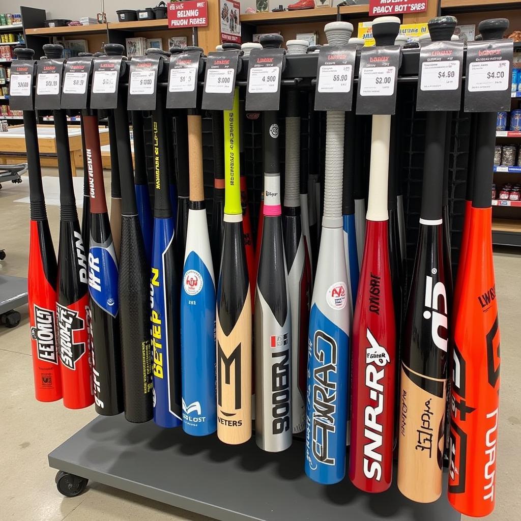 A display of various demo softball bats for sale at different price points.