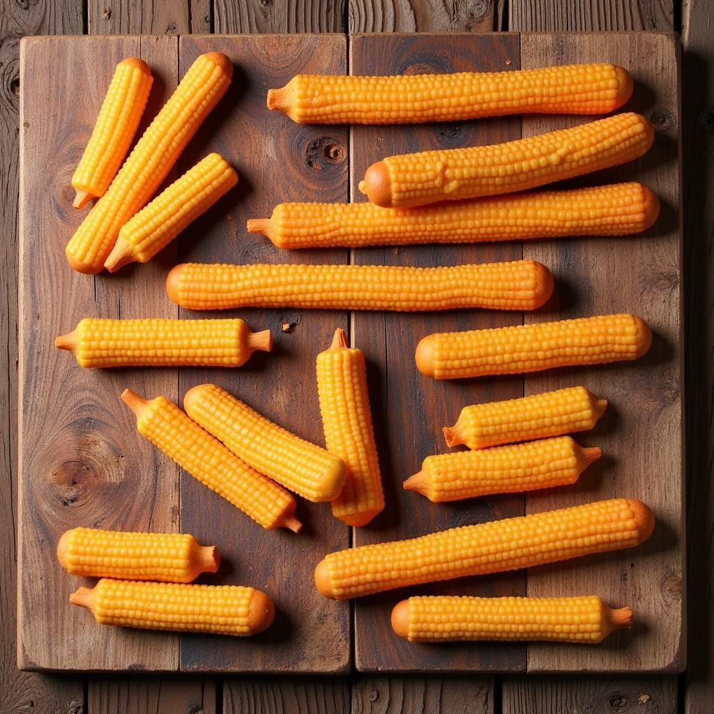 Different types of flat corn dog sticks displayed on a wooden table.