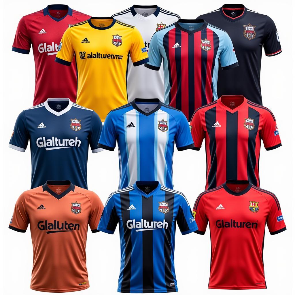 A collection of glatt football jerseys in different colors and designs.