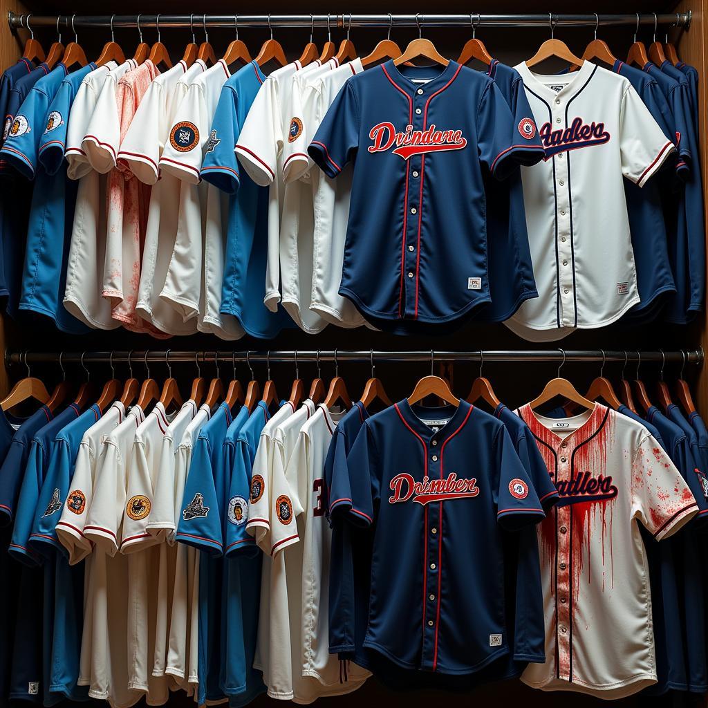 Different styles of Michael Myers baseball jerseys on display.