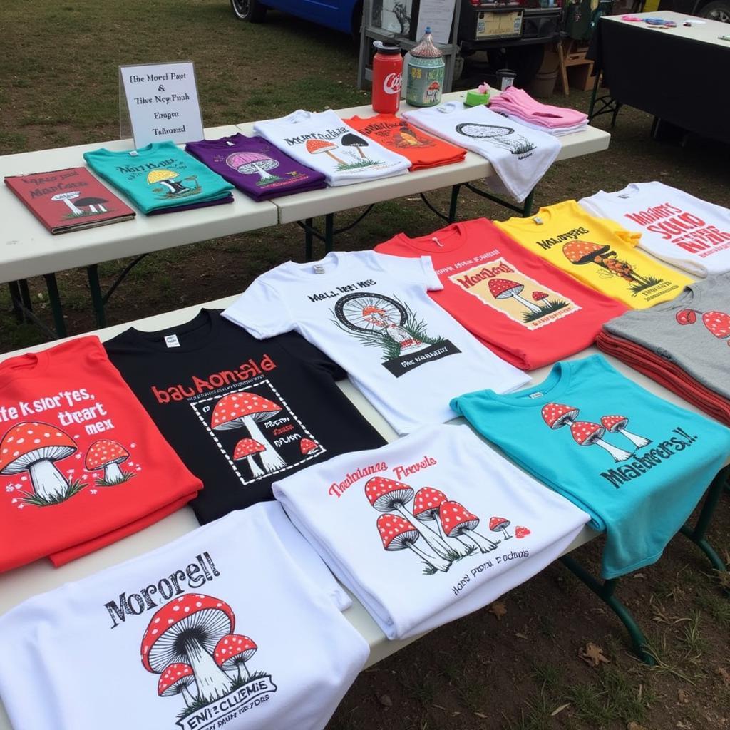 Different styles of morel t-shirts on display