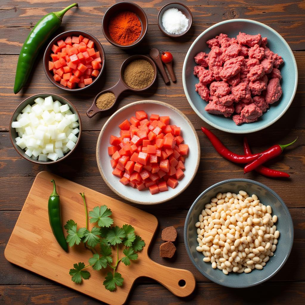 Fresh ingredients for making chili arranged on a rustic wooden table