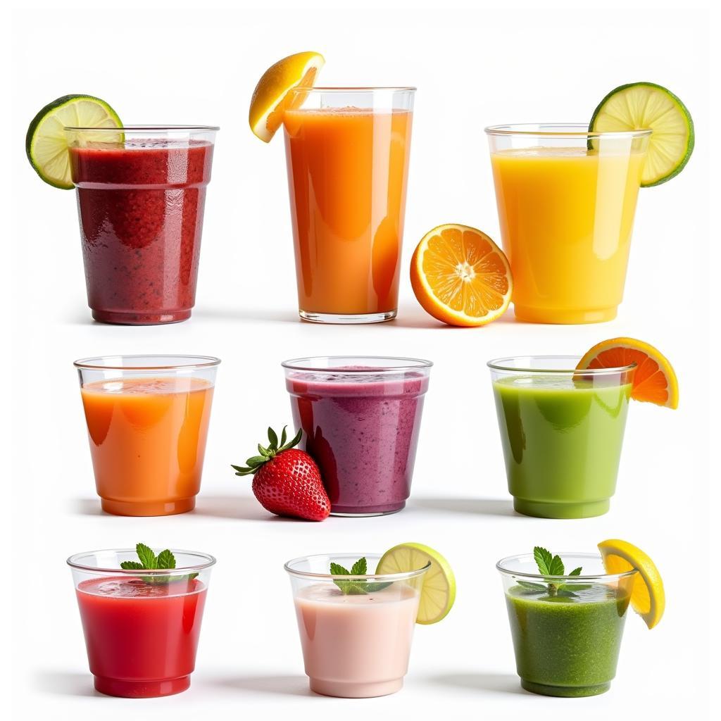 Assortment of drinks in small plastic cups