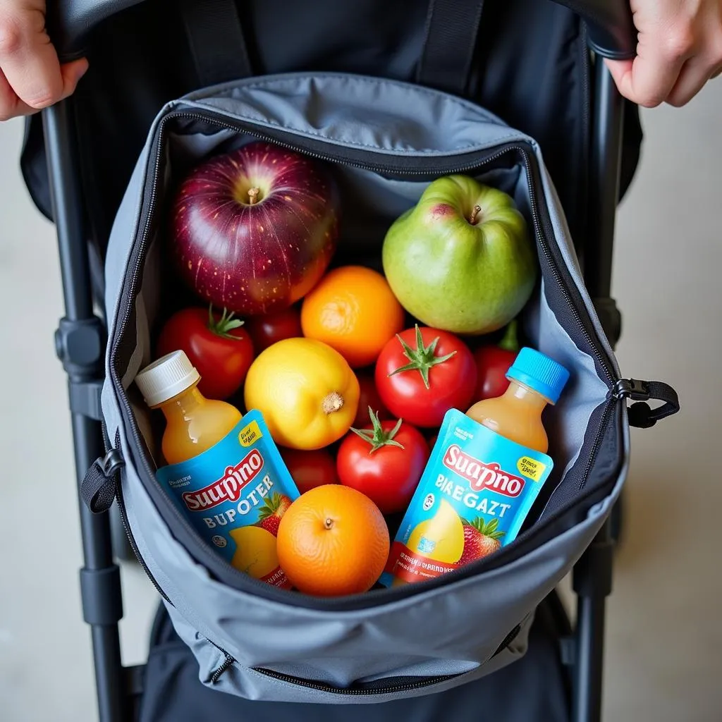 Assortment of healthy snacks and drinks inside a stroller cooler bag