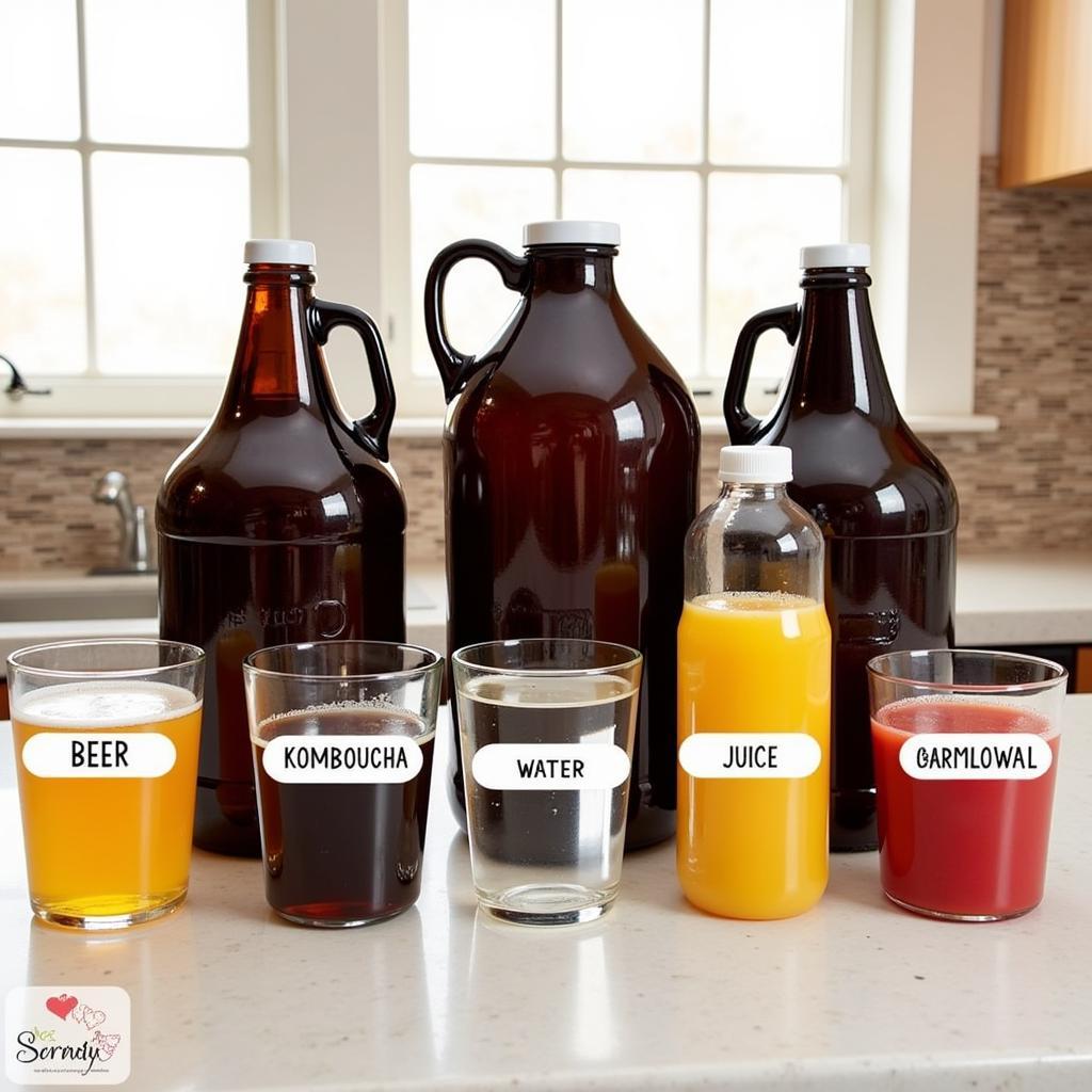 An assortment of 1-gallon brown glass jugs filled with different liquids