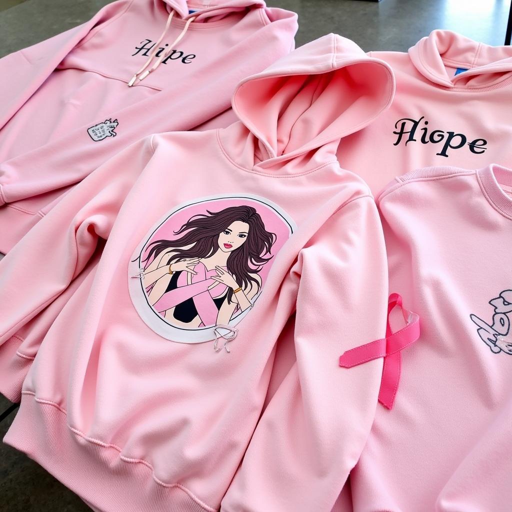 A collection of pink sweatshirts in different styles.