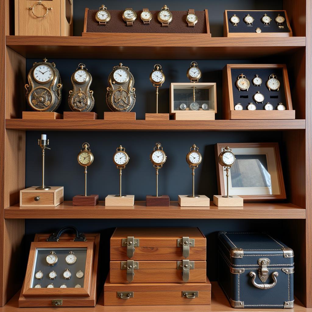 Various pocket watch display holders on a shelf