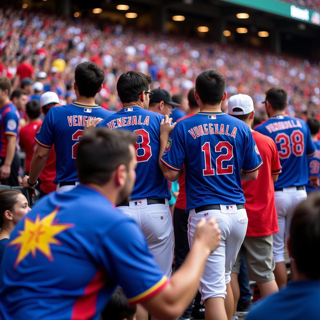 Fans wearing Venezuela World Baseball Classic jerseys