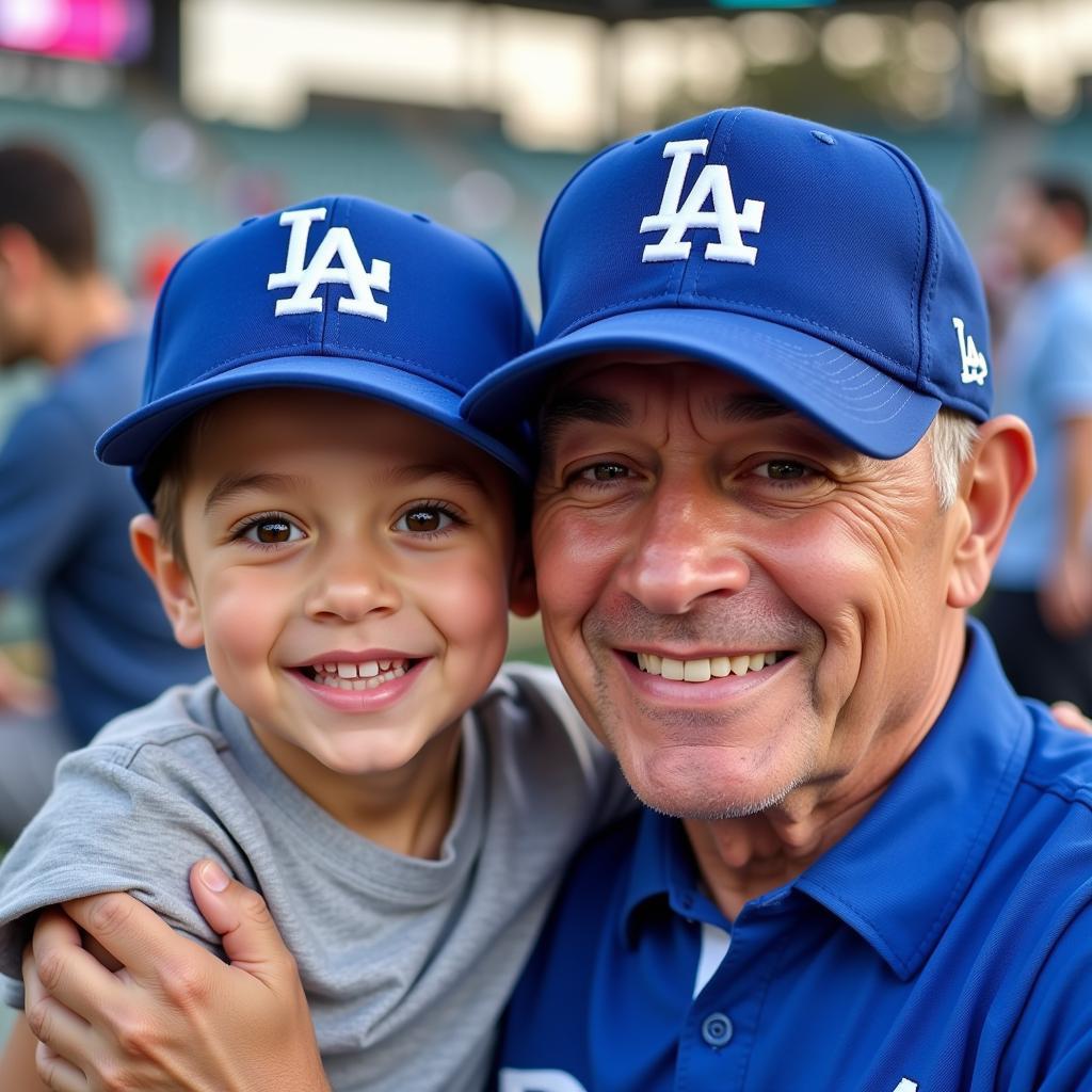 Veteran and Child Bonding Over Matching Dodgers Armed Forces Hats 