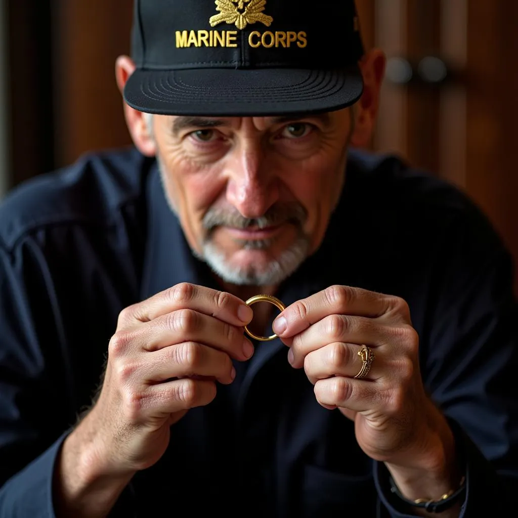 Veteran emotionally holding his Marine Corps ring