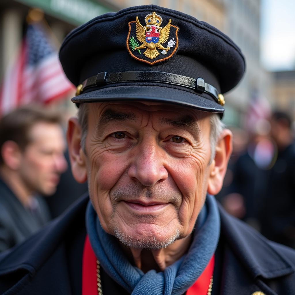 A veteran proudly wearing a campaign hat at a memorial service