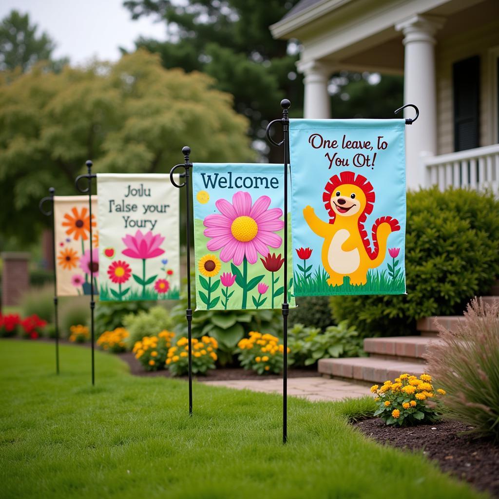 Colorful garden flags add a touch of whimsy to a lush backyard