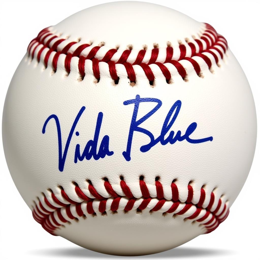 Close-up of Vida Blue's signature on a baseball