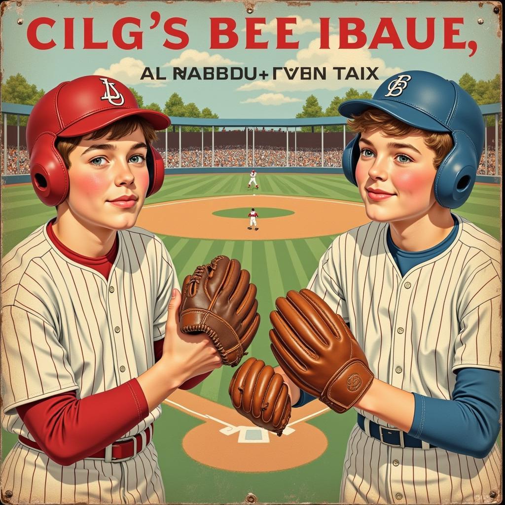 Vintage Baseball Poster Featuring Red, White, and Blue Gloves