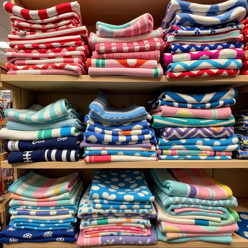 A collection of colorful vintage beach towels displayed in a thrift store.