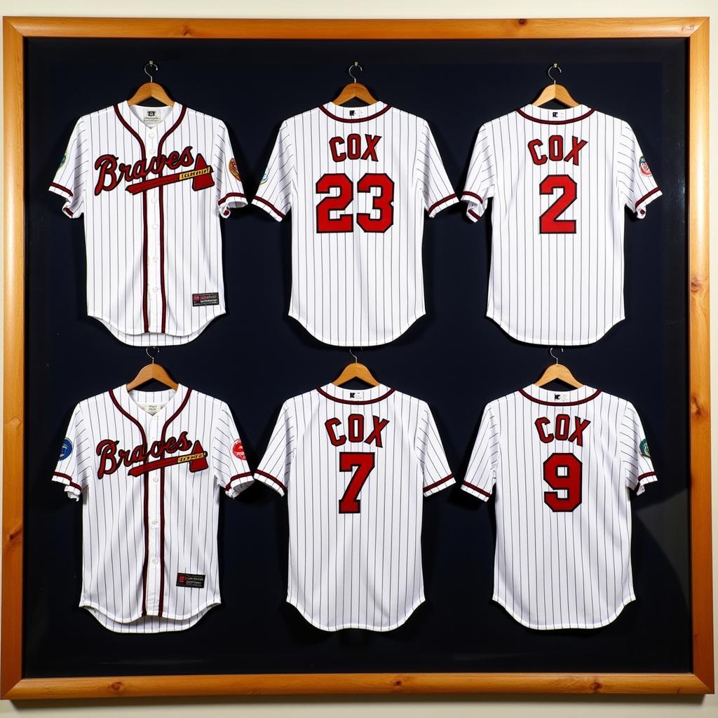 A collection of vintage Bobby Cox jerseys, showcasing different styles and eras