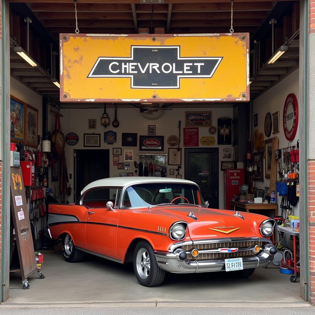 Vintage Chevy Dealership Sign Displayed in a Garage