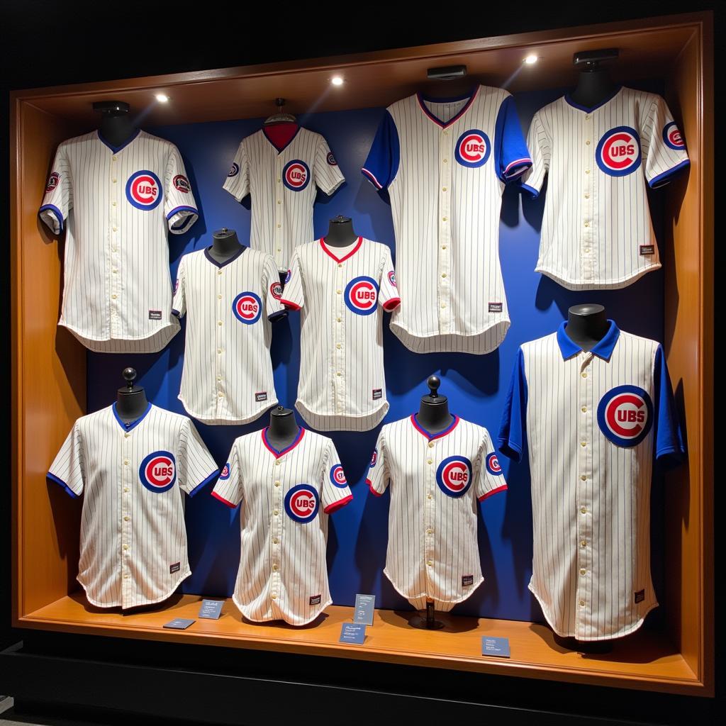 A collection of vintage Chicago Cubs jerseys showcasing the evolution of their design