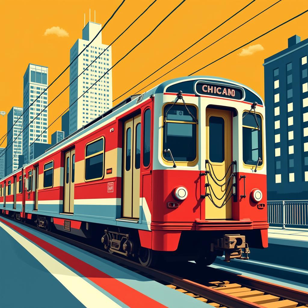 Vintage Chicago Transit Authority poster showcasing a stylized train speeding through the city.