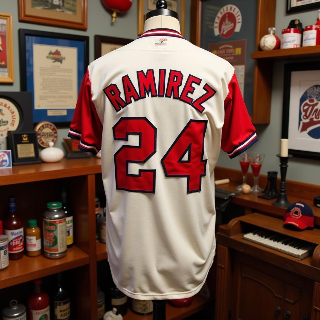 A vintage Cleveland Indians Manny Ramirez jersey on display