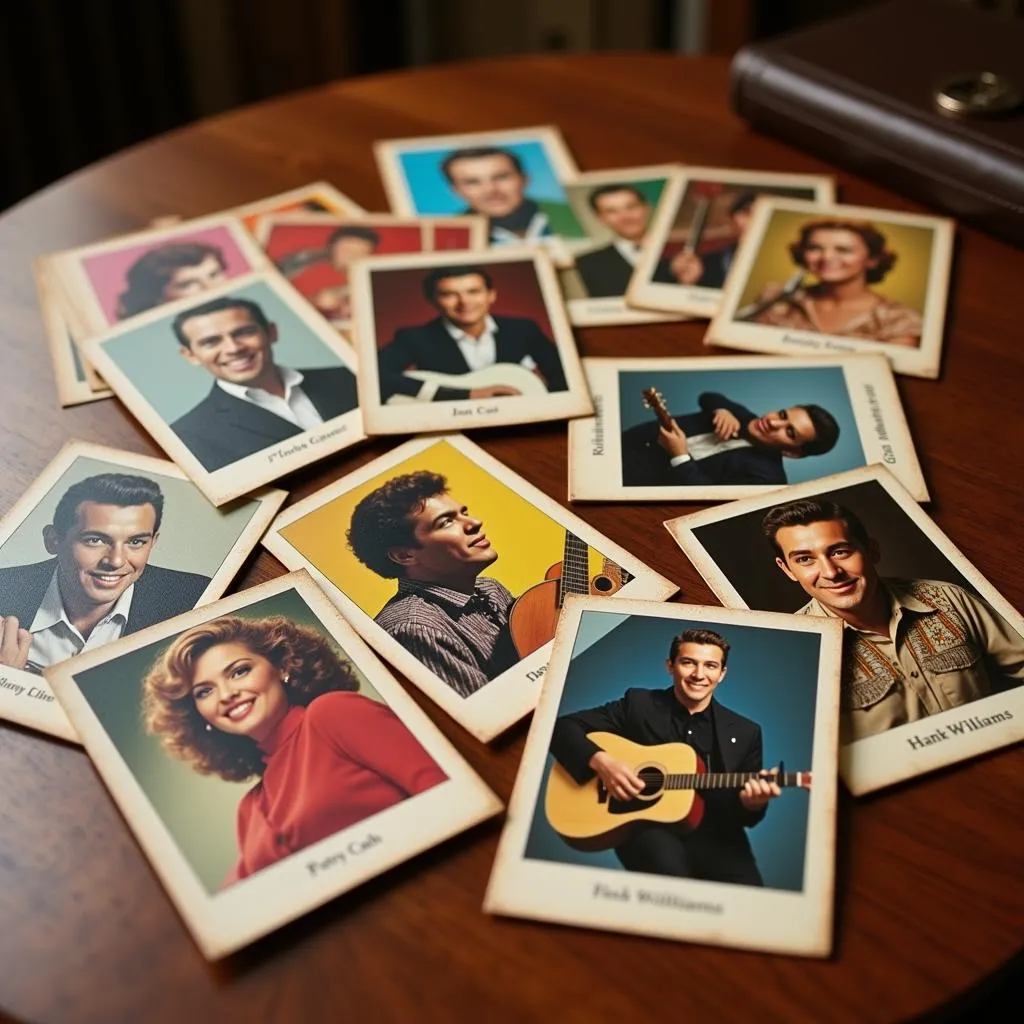 Vintage Country Music Trading Card Collection Displayed on a Table