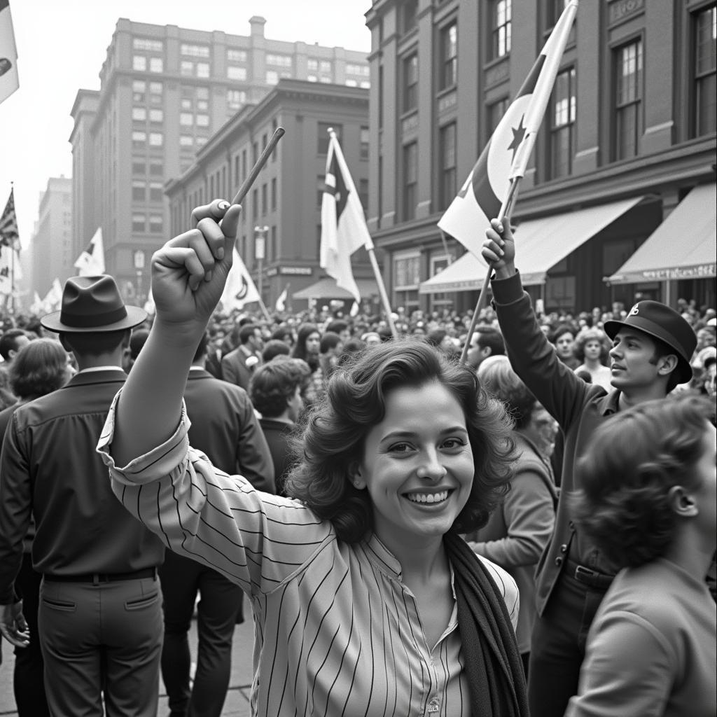  Vintage black and white photo of a Cubs win flag celebration