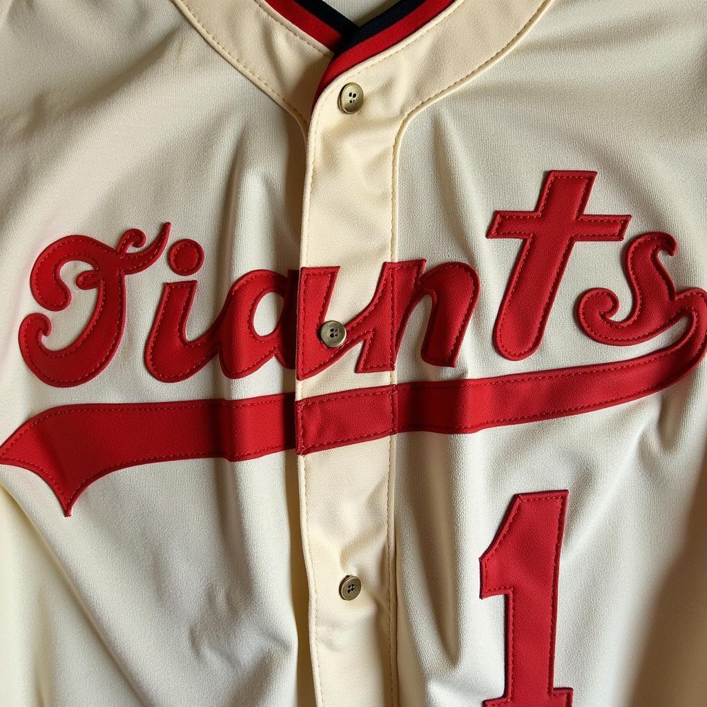 A close-up shot of a vintage Dave Kingman jersey from his time with the San Francisco Giants