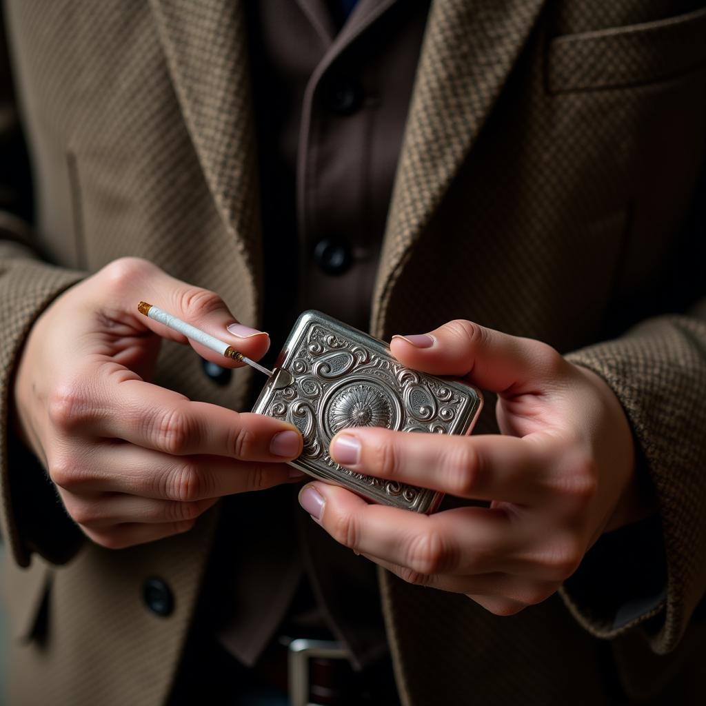 Vintage Engraved Cigarette Case Held by a Gentleman