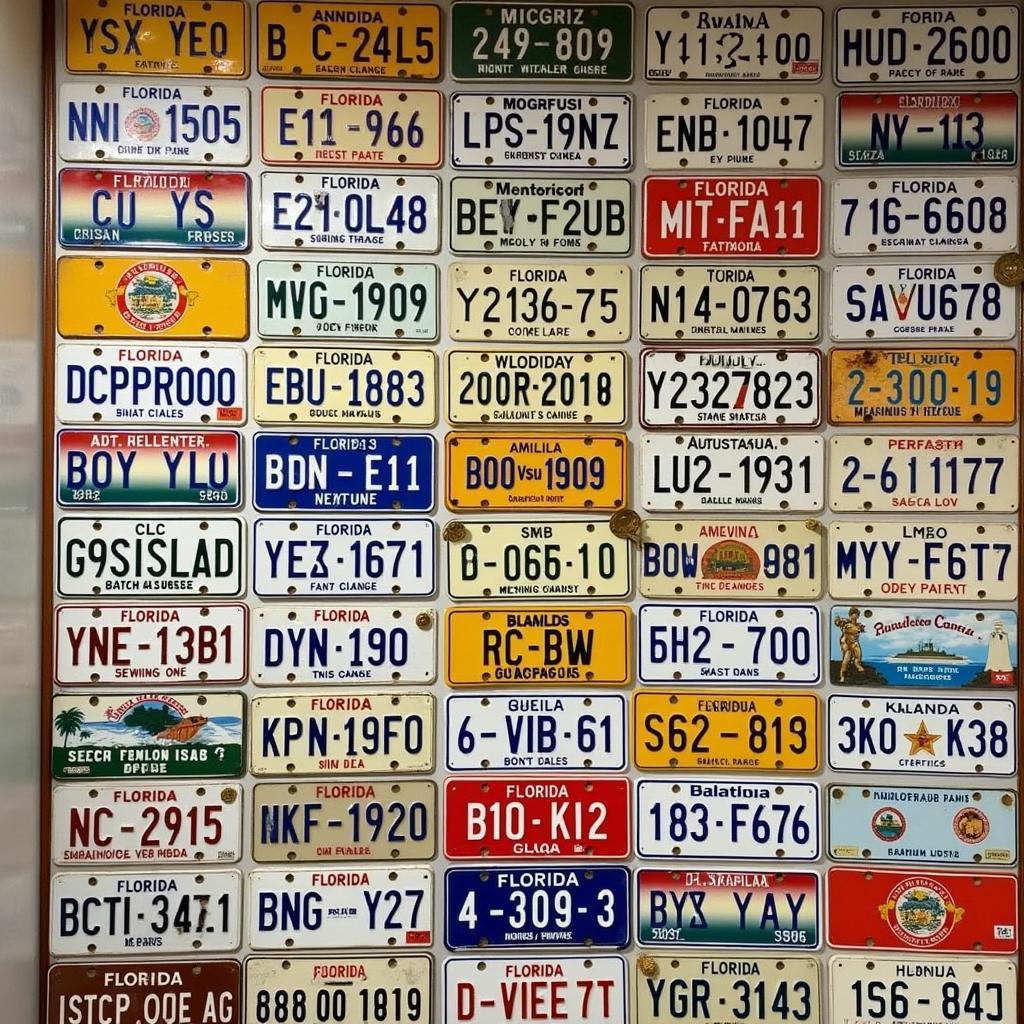 A collection of vintage Florida license plates displayed on a wall